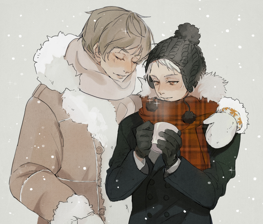 2boys axis_powers_hetalia black_coat black_gloves black_hat brown_coat buttons closed_eyes coat commentary_request cup fur-trimmed_coat fur-trimmed_sleeves fur_trim gloves grey_background grey_hair grey_scarf hand_on_another&#039;s_shoulder hands_up hat highres holding holding_cup kamui_(kurohshiro1) long_sleeves looking_at_another male_focus multiple_boys plaid_clothes plaid_scarf pom_pom_(clothes) prussia_(hetalia) red_eyes red_scarf russia_(hetalia) scarf short_hair simple_background smile snowing sparkle teeth upper_body white_gloves