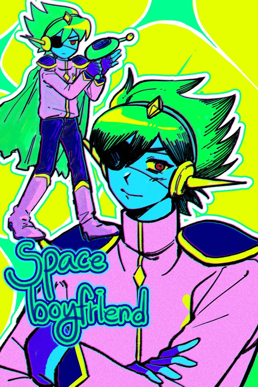 1boy armor blue_hairband blue_pants blue_skin boots bu3hgg cape captain_spaceboy character_name chromatic_aberration closed_mouth colored_sclera colored_skin commentary_request crossed_arms double-parted_bangs energy_gun eyepatch film_grain fingerless_gloves full_body gloves green_background green_cape green_hair hairband hatching_(texture) highres holding_ray_gun jacket knee_boots korean_commentary long_sleeves looking_at_viewer male_focus multiple_views official_alternate_hair_color omori one_eye_covered outline pants pink_boots pink_jacket purple_gloves ray_gun red_eyes short_hair shoulder_armor smile turtleneck turtleneck_jacket two-tone_background upper_body v-shaped_eyebrows weapon white_outline yellow_background yellow_sclera