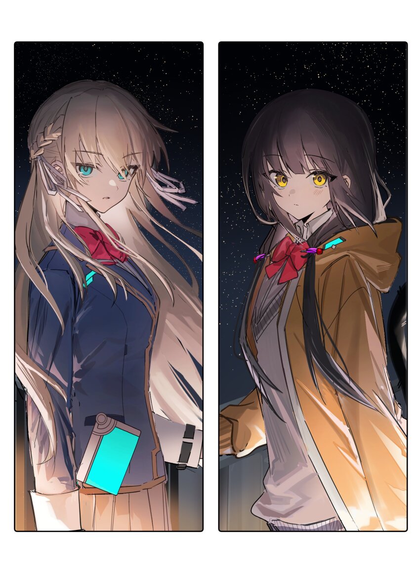 2girls absurdres asakura_karen_(heaven_burns_red) black_hair blonde_hair blue_jacket blush bow braid green_eyes half_up_braid heaven_burns_red highres hood hooded_jacket jacket long_hair long_sleeves multiple_girls red_bow ribbon sky star_(sky) starry_sky tail toujou_tsukasa twintails white_ribbon wuubaiwan yellow_eyes