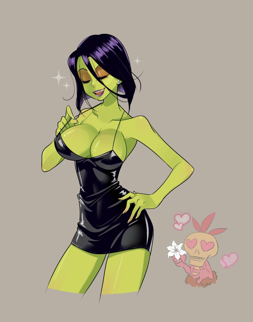 1girl absurdres artist_request banjo-kazooie black_dress black_hair breasts cleavage dress closed_eyes gruntilda_winkybunion highres makeup mumbo_jumbo_(banjo-kazooie) short_hair source_request