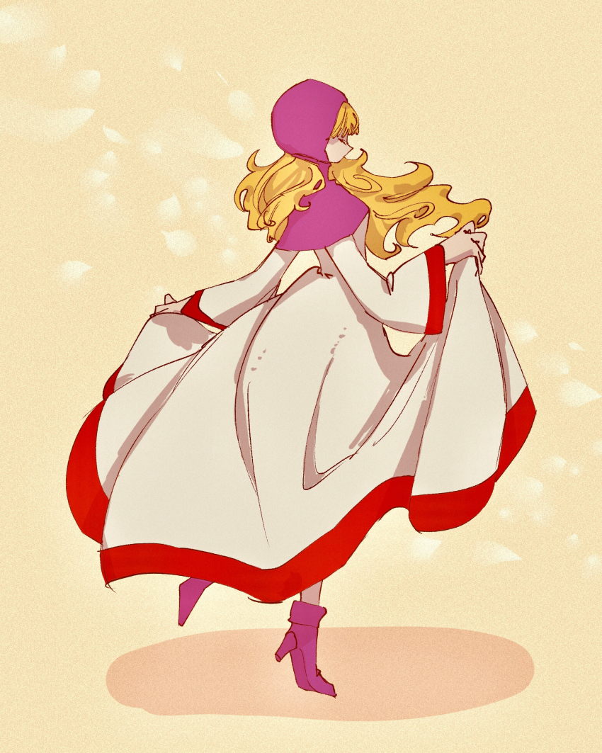 1980s_(style) 1girl absurdres blonde_hair blunt_bangs boots closed_eyes commentary_request dancing dragon_quest dragon_quest_ii dress floating_hair from_side full_body high_heels highres long_hair long_sleeves nogo_(nogo_059) oldschool pink_boots pink_hood princess_of_moonbrook profile retro_artstyle robe robe_lift solo standing standing_on_one_leg white_dress white_robe wide_sleeves