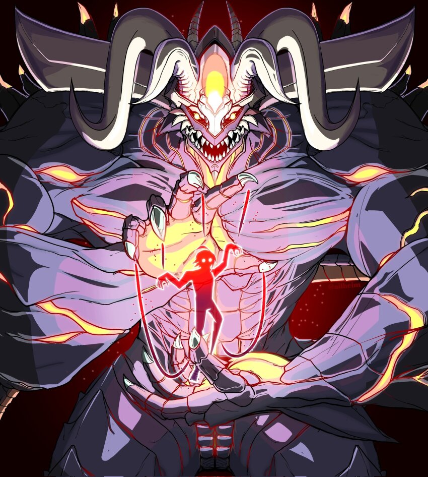 1boy ailheim claws commentary demon demon_boy demon_horns demon_tail english_commentary fire_emblem fire_emblem:_the_sacred_stones fire_emblem_heroes fomortiis_(fire_emblem) glowing glowing_eyes highres horns male_focus nintendo open_hand open_mouth sharp_teeth silhouette tail teeth