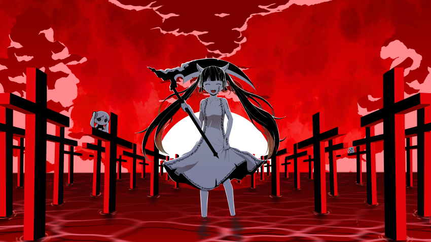 1other 2girls :d absurdres aimaina ambiguous_red_liquid apocalypse_now_(vocaloid) blunt_bangs closed_eyes cross doushite-chan dress facial_tattoo greyscale_with_colored_background hand_tattoo hand_up highres holding holding_scythe horns long_hair medium_dress mini_person minigirl multiple_girls official_art open_mouth pinocchio-p red_background red_sky red_theme scythe sidelocks skirt_hold sky sleeveless sleeveless_dress smile tattoo torn_clothes torn_dress twintails very_long_hair vocaloid wading