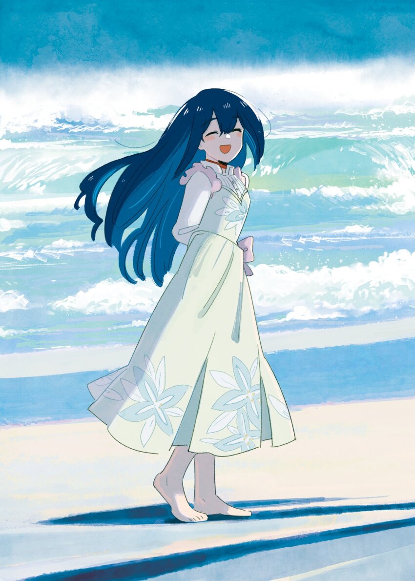 1girl ange_(angeban93) barefoot beach blue_hair closed_eyes commentary day dress english_commentary facing_viewer flip_flappers full_body green_dress highres long_hair long_sleeves mimi_(flip_flappers) ocean open_mouth outdoors shadow smile solo