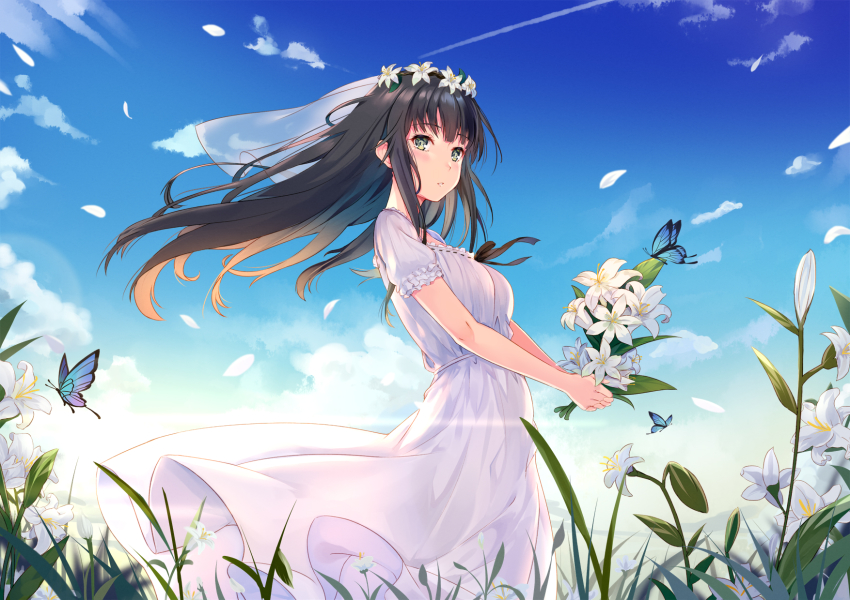 1girl bare_arms blue_sky blush breasts brown_hair bug butterfly cloud commentary day dress female_focus floating_hair flower flowers_(innocent_grey) green_eyes head_wreath highres holding holding_flower insect ldfe_mk2 lily_(flower) long_hair looking_at_viewer medium_breasts outdoors parted_lips plant shirahane_suou short_sleeves sidelocks sky solo white_dress white_flower wide_shot wind