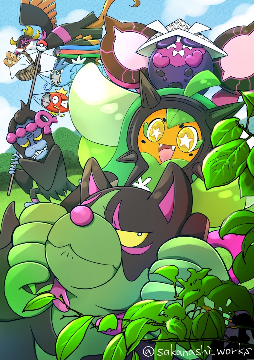 1girl 3boys :d basket bird bread clenched_teeth closed_mouth cloud commentary_request day fangs fezandipiti flying food gen_1_pokemon gen_9_pokemon hat highres holding kodomo_no_hi leaf legendary_pokemon looking_up magikarp multiple_boys munkidori nintendo ogerpon okidogi open_mouth outdoors pecharunt pokemon pokemon_(creature) sakanashiworks sky smile star-shaped_pupils star_(symbol) symbol-shaped_pupils teeth tongue yellow_eyes