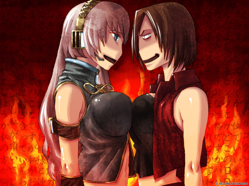 2girls blue_eyes breast_press breasts brown_hair eye_contact fire headset large_breasts long_hair looking_at_another megurine_luka meiko_(vocaloid) midriff multiple_girls pink_hair profile raichi_(litchixlitchi) short_hair standing symmetrical_docking upper_body vocaloid yamaha