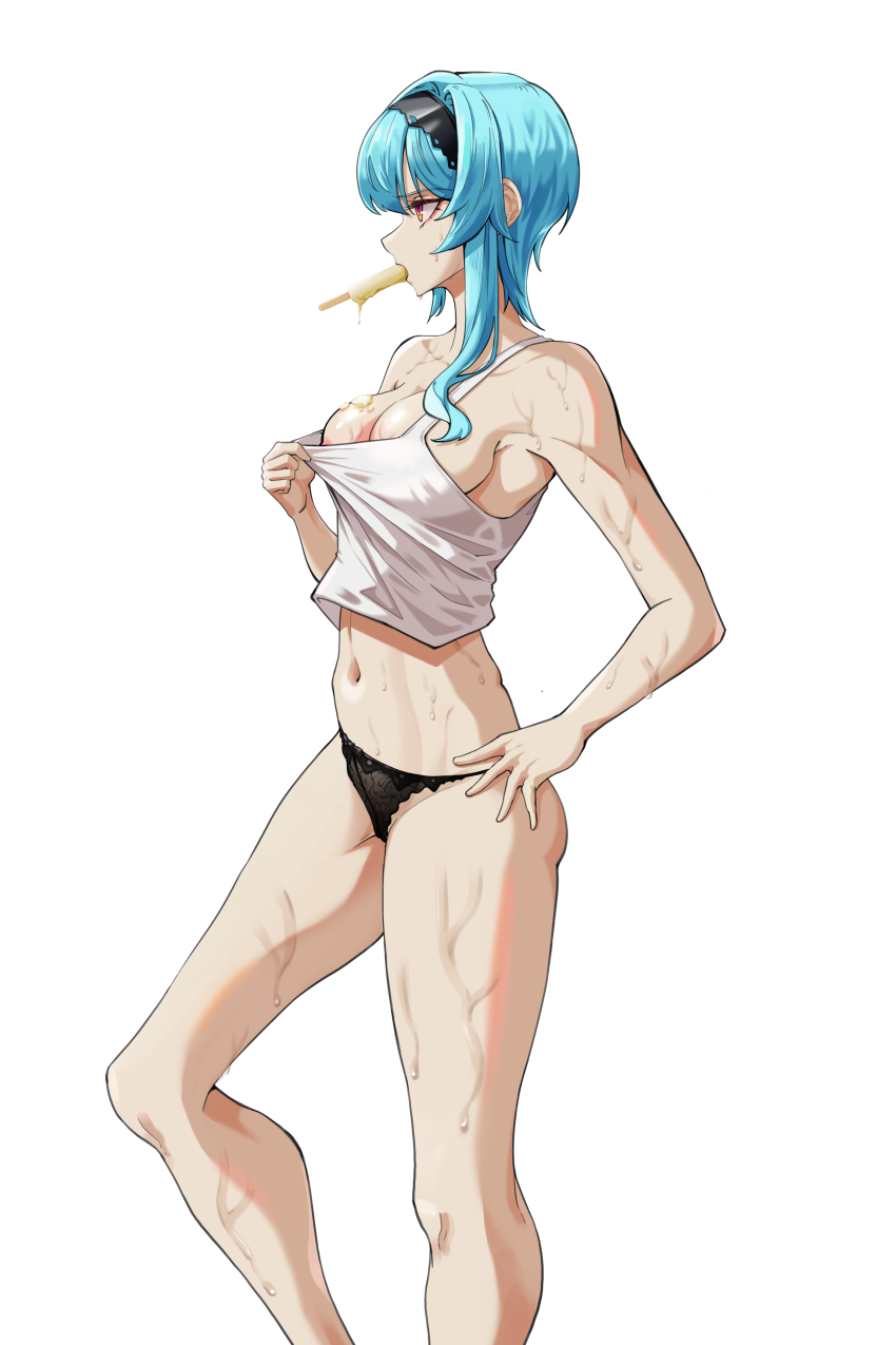 1girl absurdres bad_anatomy bare_legs black_panties blue_hair breasts cleavage commentary eula_(genshin_impact) food food_in_mouth genshin_impact hairband highres hot legs medium_breasts navel orange_eyes panties popsicle profile shirt_tug sidelocks simple_background stomach sweat tank_top underwear very_sweaty walnut_1477 wet white_background white_tank_top