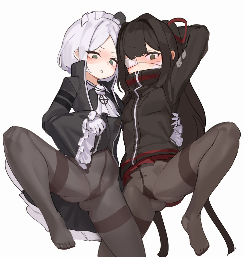 2girls absurdres arm_up ascot black_hair black_jacket brown_pantyhose eyepatch frilled_sleeves frills green_eyes gya_rb hair_ribbon highres jacket library_of_ruina long_hair lying maid_headdress medical_eyepatch multiple_girls on_back pamela_(project_moon) pantyhose parted_bangs parted_lips petite project_moon red_ribbon ribbon shi_association_south_uniform short_hair sidelocks simple_background tenma_(project_moon) very_long_hair white_ascot white_background white_hair wide_sleeves