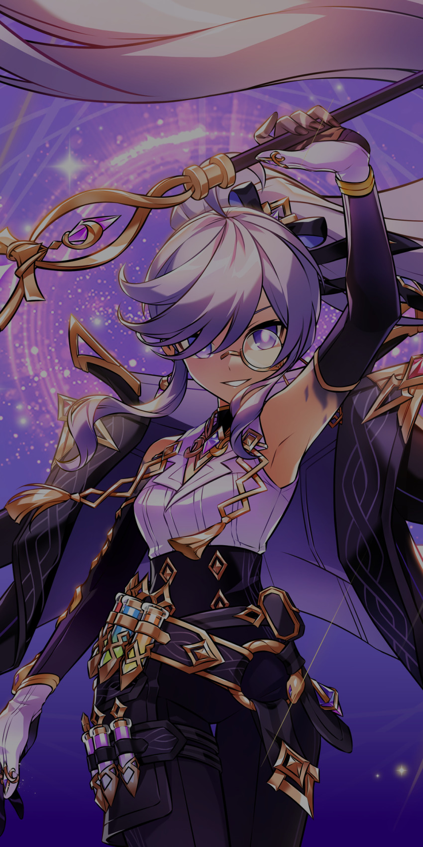 1girl aisha_landar armpits bare_shoulders beaker belt black_belt black_collar black_corset black_jacket black_pants black_sleeves bright_pupils collar collared_shirt corset cowboy_shot crossed_belts detached_collar detached_sleeves dot_nose elsword floating_hair hair_over_one_eye highres holding holding_staff hwansang jacket jacket_on_shoulders lapels light_particles long_hair long_sleeves magic_circle monocle notched_lapels official_art open_mouth pants ponytail potion purple_background purple_eyes purple_hair purple_jacket round_eyewear second-party_source shirt smile solo staff standing swept_bangs teeth tsurime two-sided_fabric two-sided_jacket white_pupils white_shirt yellow-framed_eyewear