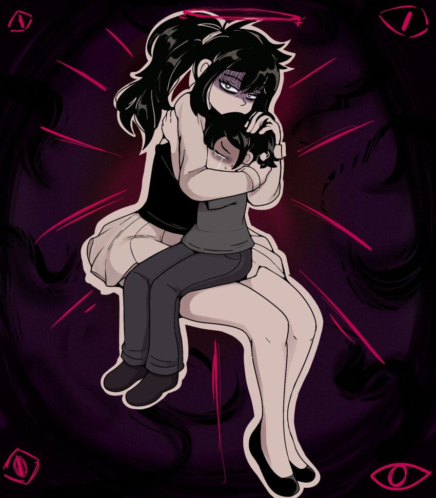1boy 1girl andrew_graves black_hair bow breasts chair closed_eyes crying dress full_body hair_bow high_heels highres holding hug long_hair looking_at_viewer medium_breasts miniskirt mother_and_son nickben12 original ponytail renee_graves shaded_face shirt shoes sitting sitting_on_person skirt sweater the_coffin_of_andy_and_leyley thick_thighs thighs