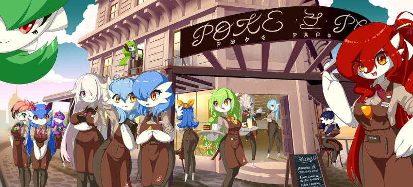 6+girls :o ^_^ against_railing alternate_color alternate_shiny_pokemon apron arm_behind_back arm_up barefoot beads black_hair black_neckerchief black_pants black_skin blue_gemstone blue_hair blue_sky bob_cut borrowed_character bow braid breasts brown_apron brown_shirt cafe cake cake_slice chair cherry clipboard closed_eyes closed_mouth cloud cocktail_umbrella collared_shirt colored_skin colored_tips cup day drink drinking drinking_glass earpiece english_text female_focus food forehead_jewel fruit gardevoir gem gen_3_pokemon gen_5_pokemon green_eyes hair_beads hair_between_eyes hair_bow hair_bun hair_ornament hair_over_one_eye hair_stick hand_on_own_hip hand_up hands_up happy highres holding holding_drink holding_food holding_tray junjie-oyan large_breasts leaning_forward leg_up legendary_pokemon long_hair medium_breasts meloetta menu_board mug multicolored_hair multicolored_skin multiple_girls mythical_pokemon name_tag neckerchief nintendo no_feet on_chair one_eye_covered open_mouth orange_bow orange_eyes outdoors own_hands_together pants pen pink_hair pink_neckerchief pocket poke_ball_symbol pokemon pokemon_(creature) ponytail purple_hair purple_skin railing red_eyes red_hair shiny_pokemon shirt short_hair sidelocks single_hair_bun sitting sky sleeves_rolled_up smile split_mouth standing standing_on_one_leg striped_neckerchief table tray twin_braids two-tone_skin unownglyphics v_arms very_long_hair white_hair white_skin