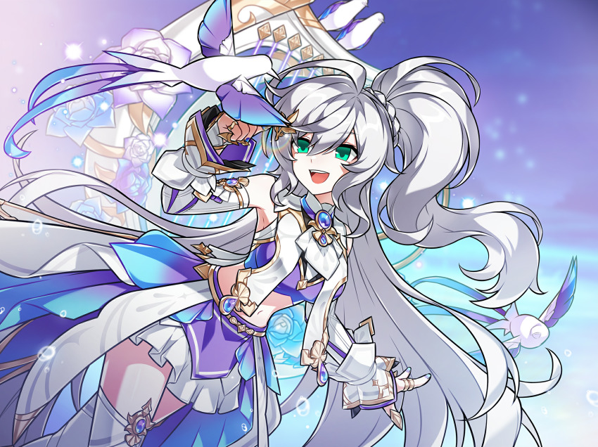 1girl arm_up armpits bare_shoulders bird braid breast_curtains crop_top detached_sleeves elsword frilled_skirt frills green_eyes half_updo harp highres hwansang instrument lithia_beryl_(elsword) long_hair long_sleeves midriff miniskirt navel official_art open_mouth purple_shirt shirt skirt sleeveless sleeveless_shirt smile solo thighhighs third-party_source very_long_hair white_hair white_skirt white_thighhighs zettai_ryouiki