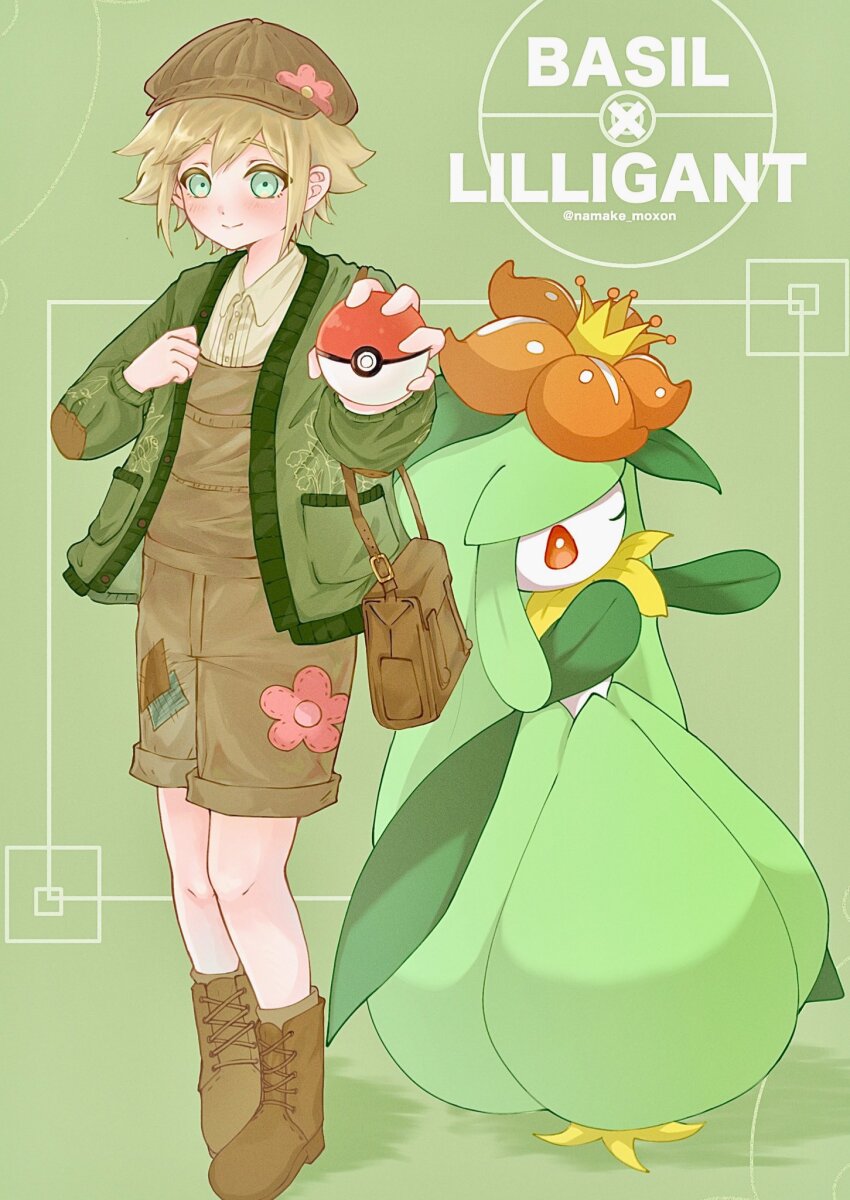 1boy basil_(birthday)_(omori) basil_(faraway)_(omori) basil_(omori) blonde_hair blue_eyes blush boots brown_boots brown_hat brown_overalls character_name closed_mouth collared_shirt gen_5_pokemon hat highres holding holding_poke_ball lace-up_boots lilligant long_sleeves namake_moxon nintendo official_alternate_costume omori overall_shorts overalls poke_ball pokemon pokemon_(creature) shirt short_hair smile solo twitter_username white_shirt