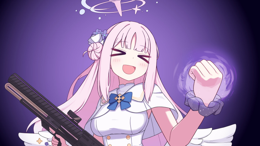 &gt;_&lt; 1girl :d absurdres angel_wings aura blue_archive blunt_bangs bow breasts buttons capelet clenched_hand commentary_request dress feathered_wings flower gun hair_bun hair_flower hair_ornament halo highres holding holding_gun holding_weapon lanchester_smg large_breasts long_hair low_wings mika_(blue_archive) open_mouth pink_hair pink_halo purple_background rifle school_uniform serafuku single_side_bun smile solo standing submachine_gun weapon white_capelet white_dress white_serafuku white_wings wings xd yellow_eyes zddma20