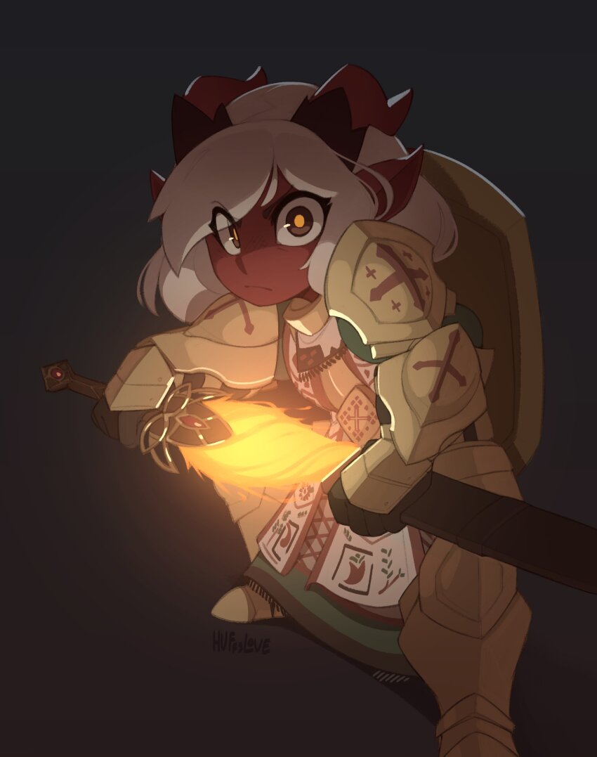 1girl armor closed_mouth colored_skin commentary commission couter cross cuisses dark_background demon_horns english_commentary flaming_sword flaming_weapon gauntlets glowing glowing_eyes greaves greek_cross highres holding holding_scabbard holding_sword holding_weapon horns huffslove hunched_over long_hair looking_at_viewer orange_eyes original ornate_weapon pauldrons plate_armor pointy_ears poleyn red_horns red_skin rerebrace sabaton sheath shield shield_on_back shoulder_armor signature simple_background solo standing sword tabard tiefling unsheathing vambraces weapon white_hair
