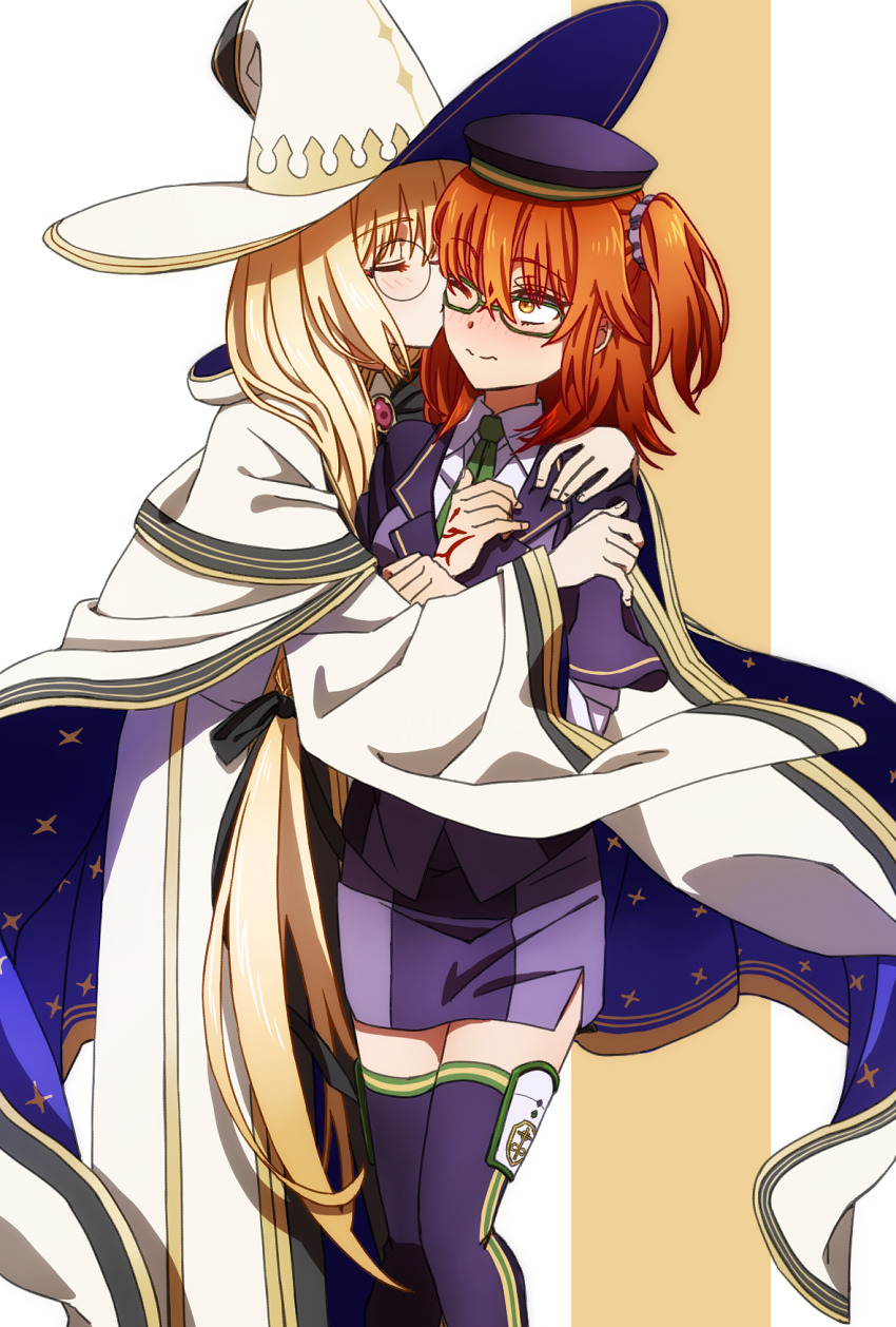 2girls aesc_(fate) aesc_(rain_witch)_(fate) atlas_academy_uniform blonde_hair closed_eyes collared_shirt command_spell commentary commission english_commentary fate/grand_order fate_(series) feet_out_of_frame fujimaru_ritsuka_(female) green_necktie hat highres hug hug_from_side jacket kiss kissing_cheek long_hair long_sleeves medium_hair multiple_girls necktie oiun one_eye_closed one_side_up orange_hair pencil_skirt pixiv_commission purple_hat purple_jacket purple_skirt purple_thighhighs robe round_eyewear shirt skirt thighhighs very_long_hair white_hat white_robe white_shirt wide_sleeves witch_hat yellow_eyes yuri zettai_ryouiki