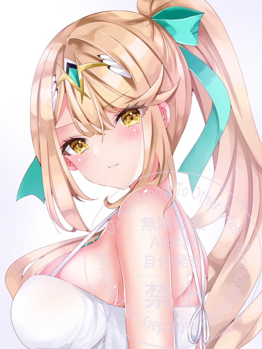 1girl bare_shoulders blonde_hair blush breasts camisole chest_jewel core_crystal_(xenoblade) high_ponytail highres large_breasts long_hair mythra_(xenoblade) nanase_nao ponytail simple_background solo tiara upper_body watermark white_background white_camisole xenoblade_chronicles_(series) xenoblade_chronicles_2 yellow_eyes