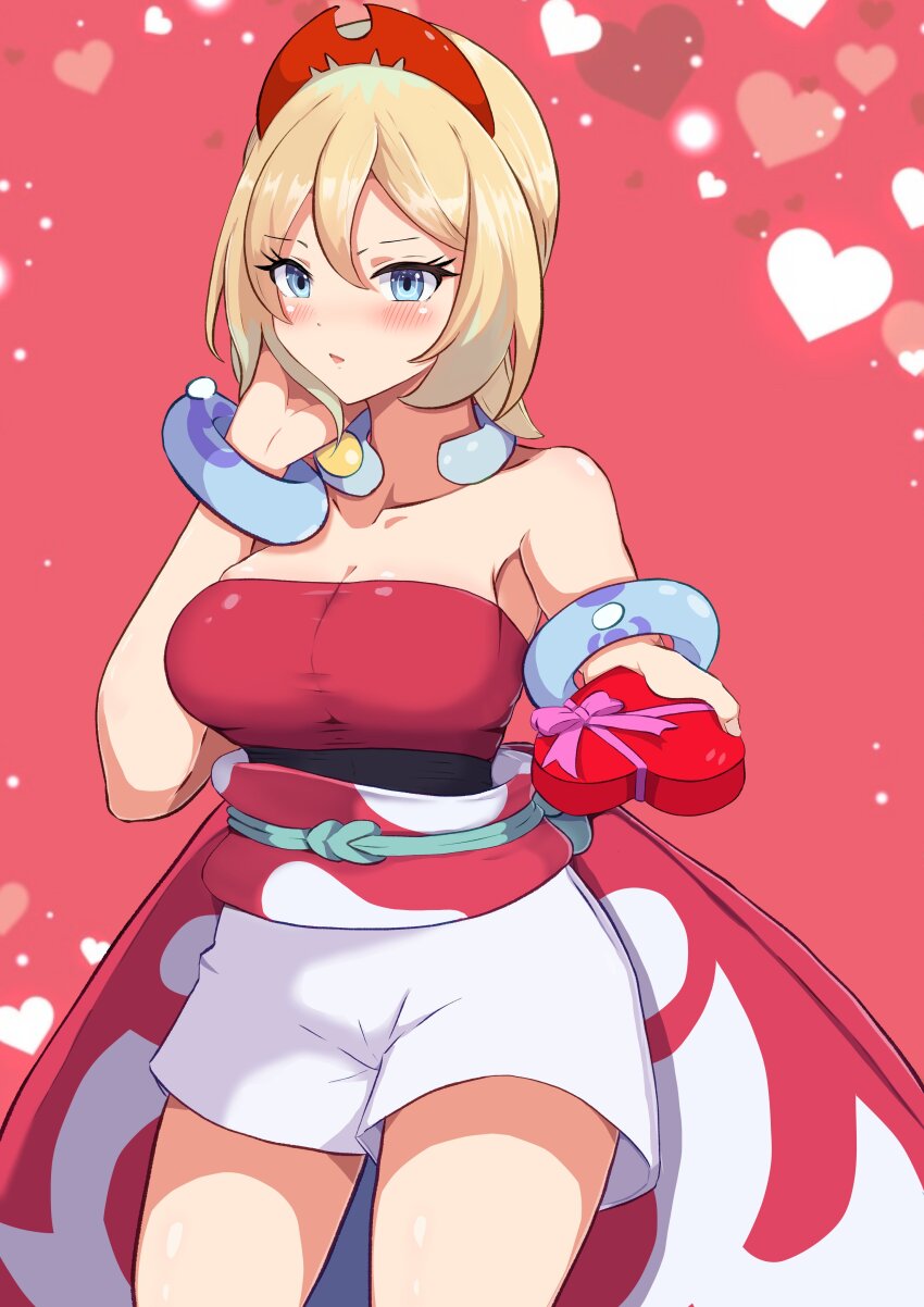 1girl absurdres araaraneko bare_shoulders blonde_hair blue_eyes breasts cleavage cowboy_shot gift heart_border highres holding holding_gift irida_(pokemon) large_breasts medium_hair nintendo pokemon pokemon_legends:_arceus red_background red_shirt shirt shorts simple_background solo strapless strapless_shirt valentine white_shorts