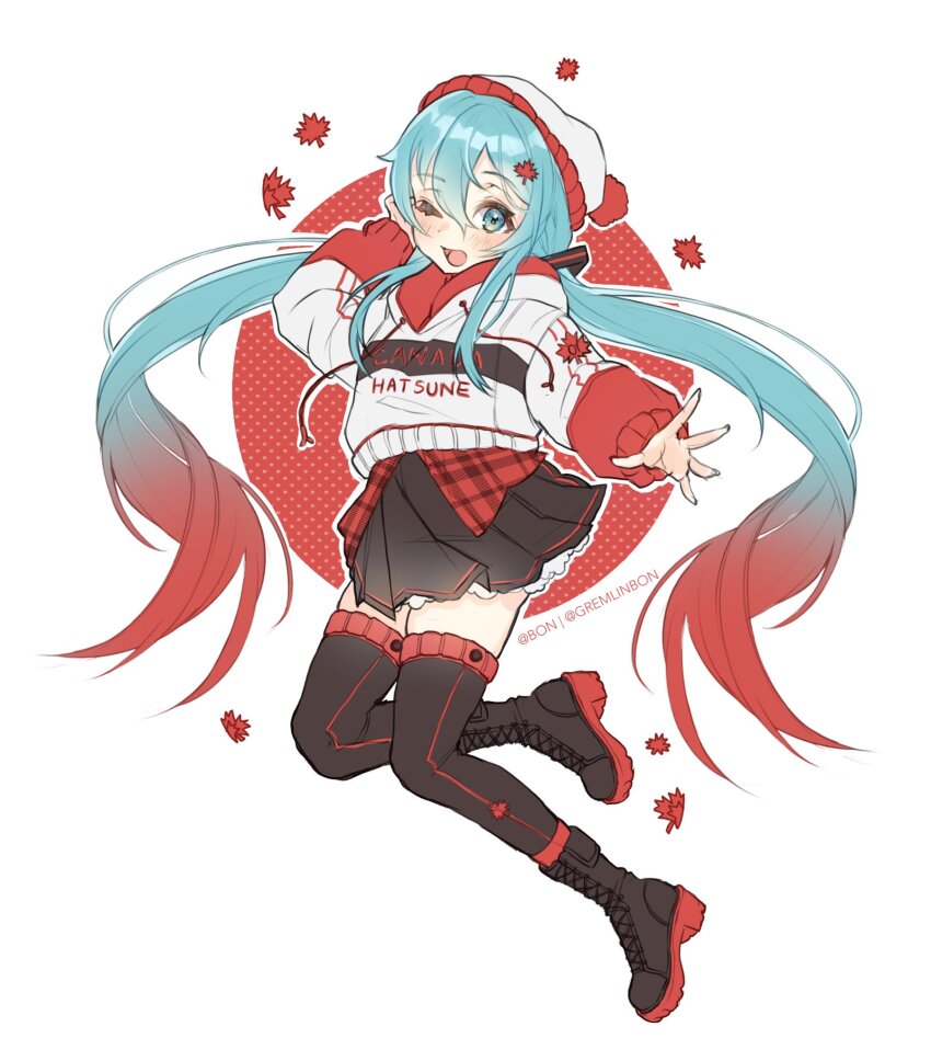 1girl artist_name blue_eyes blue_hair blush boots canada commentary english_commentary full_body gradient_hair gremlinbon hair_ornament hand_on_own_face hat hatsune_miku highres hood hoodie lace-up_boots leaf leaf_hair_ornament long_hair long_sleeves low_twintails maple_leaf multicolored_hair one_eye_closed open_mouth plaid_clothes plaid_shirt pleated_skirt pom_pom_(clothes) red_hair shirt skirt smile solo thighhighs twintails very_long_hair vocaloid