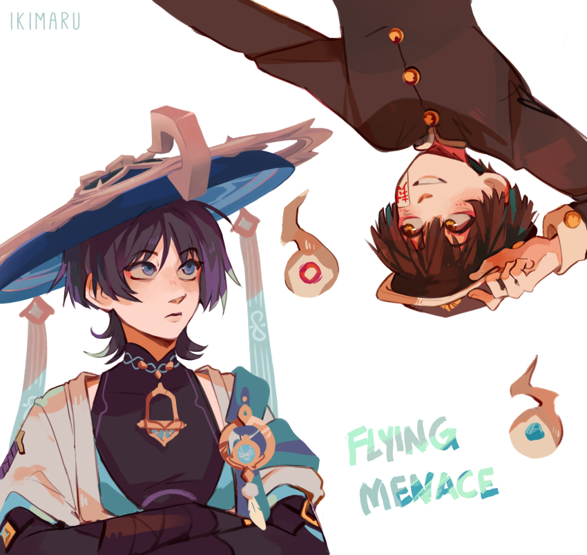 2boys anemo_symbol_(genshin_impact) arm_at_side arm_up armor artist_name black_bodysuit black_bridal_gauntlets black_hair black_jacket black_sleeves blue_cape blue_eyes blue_gemstone blue_hat blue_kimono blunt_ends blush bodysuit bridal_gauntlets cape closed_mouth covered_collarbone crossed_arms crossover english_text eyeliner eyeshadow feathers gakuran gakuseibou gem genshin_impact gold han&#039;eri hanako_(jibaku_shounen_hanako-kun) hat hat_tip highres hitodama ikimaru jacket japanese_armor japanese_clothes jibaku_shounen_hanako-kun jingasa kamome_gakuen_school_uniform kimono kote kurokote layered_kimono long_sleeves looking_at_another makeup mandarin_collar multicolored_hair multiple_boys ofuda open_clothes open_kimono open_mouth pom_pom_(clothes) purple_hair red_eyeliner red_eyeshadow scaramouche_(genshin_impact) school_uniform shoulder_peek smile streaked_hair upper_body upside-down vision_(genshin_impact) wanderer_(genshin_impact) white_background white_kimono white_mouth white_sleeve_cuffs yellow_eyes yellow_feathers