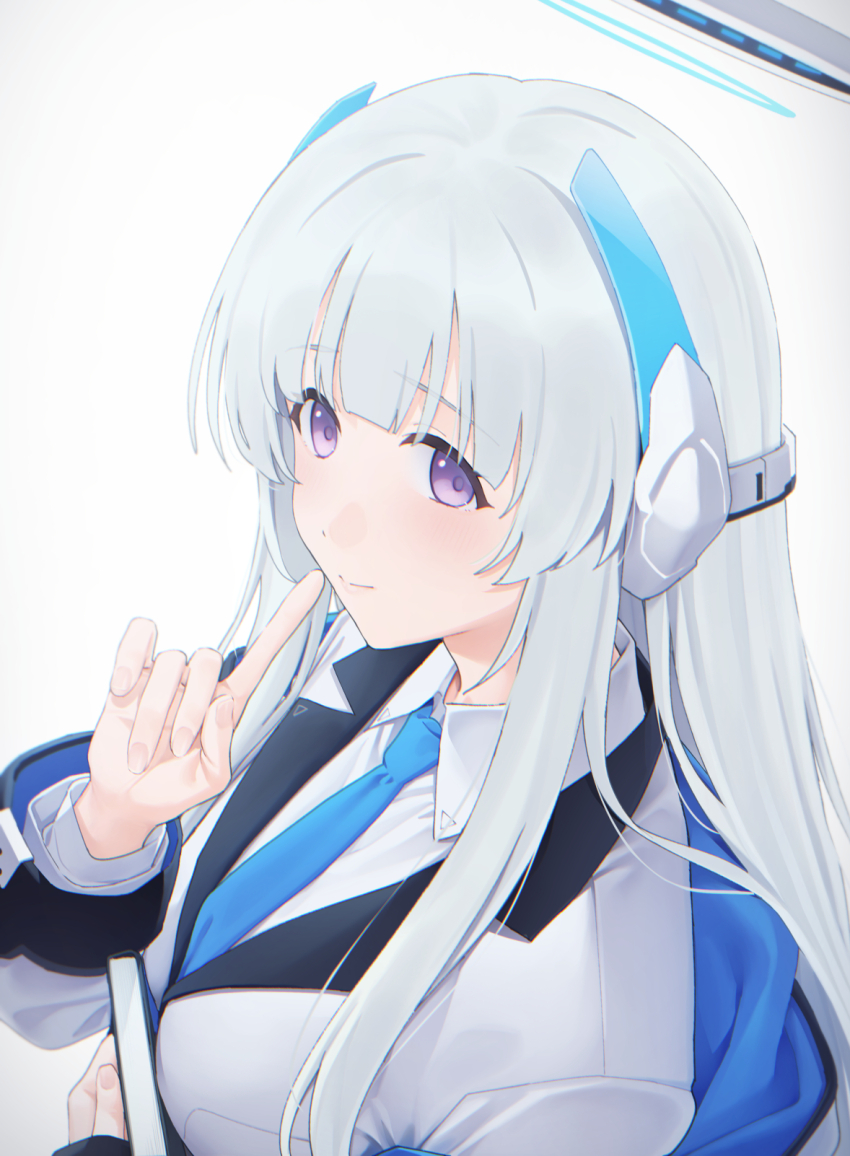 1girl blazer blue_archive blue_halo blue_necktie blush book collared_shirt finger_to_cheek from_side grey_hair halo headgear highres holding holding_book jacket light_smile long_hair looking_at_viewer looking_to_the_side mechanical_halo mikazuchi_zeus necktie noa_(blue_archive) purple_eyes shirt solo white_jacket white_shirt