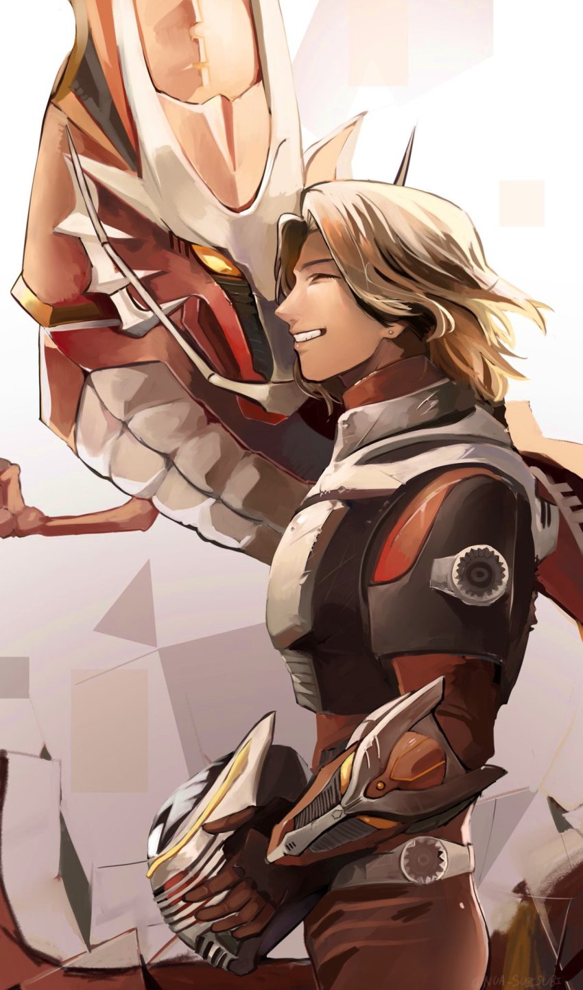 1boy anniversary armor bad_id bad_twitter_id bodysuit bonding brown_hair closed_eyes contract_monster dragon dragreder friends helmet highres holding holding_helmet kamen_rider kamen_rider_ryuki kamen_rider_ryuki_(series) kidou_shinji mirror nuzzle shards smile unworn_headwear unworn_helmet yellow_eyes yukimura821