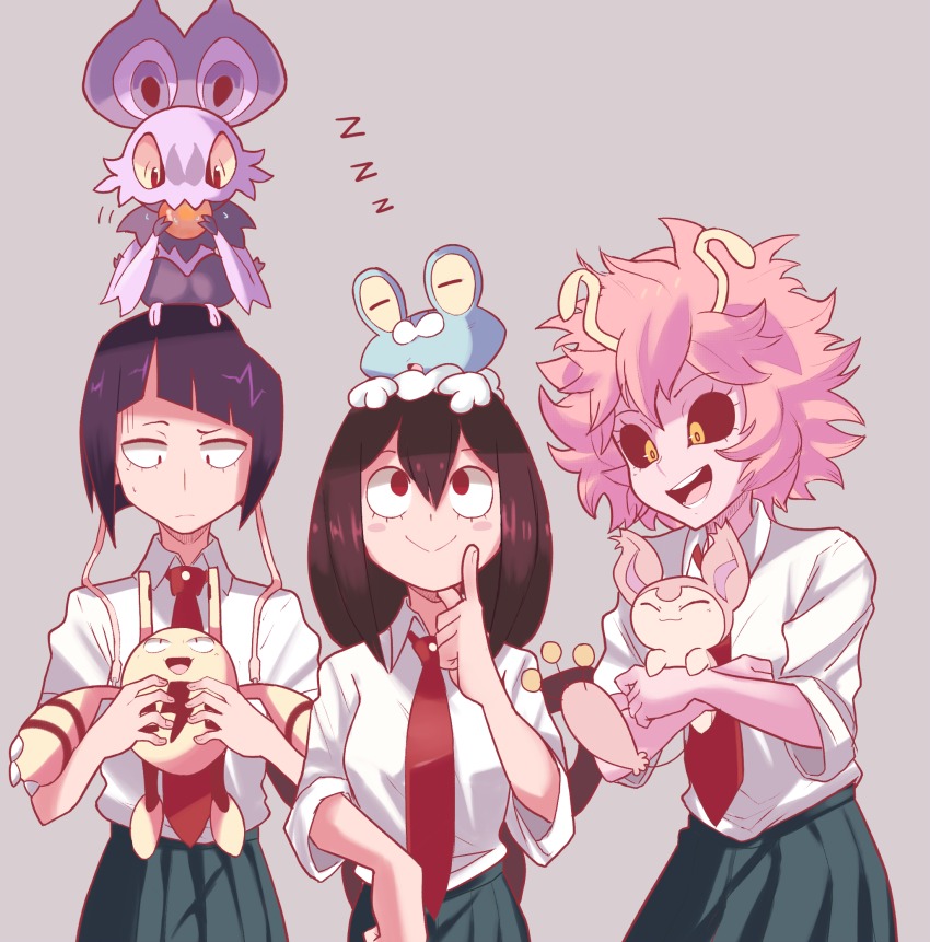 10s 3girls animal animal_ears animal_on_head antennae ashido_mina asui_tsuyu black_eyes black_hair black_sclera blush blush_stickers boku_no_hero_academia brown_hair closed_eyes colored_sclera crossed_arms crossover elekid eye_contact female_focus froakie gen_2_pokemon gen_3_pokemon gen_6_pokemon green_skirt grey_background hand_up hands_up highres holding jiro_kyoka long_hair looking_at_another looking_down looking_up multiple_girls necktie nintendo noibat on_head open_mouth pink_hair pleated_skirt pokemon pokemon_(creature) pokemon_on_head raised_eyebrow red_neckwear sally_(luna-arts) school_uniform shirt short_hair short_sleeves simple_background skirt skitty smile standing tail teeth upper_body white_shirt yellow_eyes yellow_sclera zzz