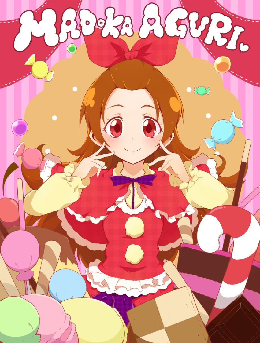1girl alternate_costume ashita_wa_hitsuji bangs_pinned_back blush bow brown_hair candy candy_cane capelet character_name checkerboard_cookie cherry cookie dokidoki!_precure female_focus food fruit hair_bow highres lollipop long_hair macaron madoka_aguri pocky precure pudding red_eyes smile solo sweets unmoving_pattern wafer_stick