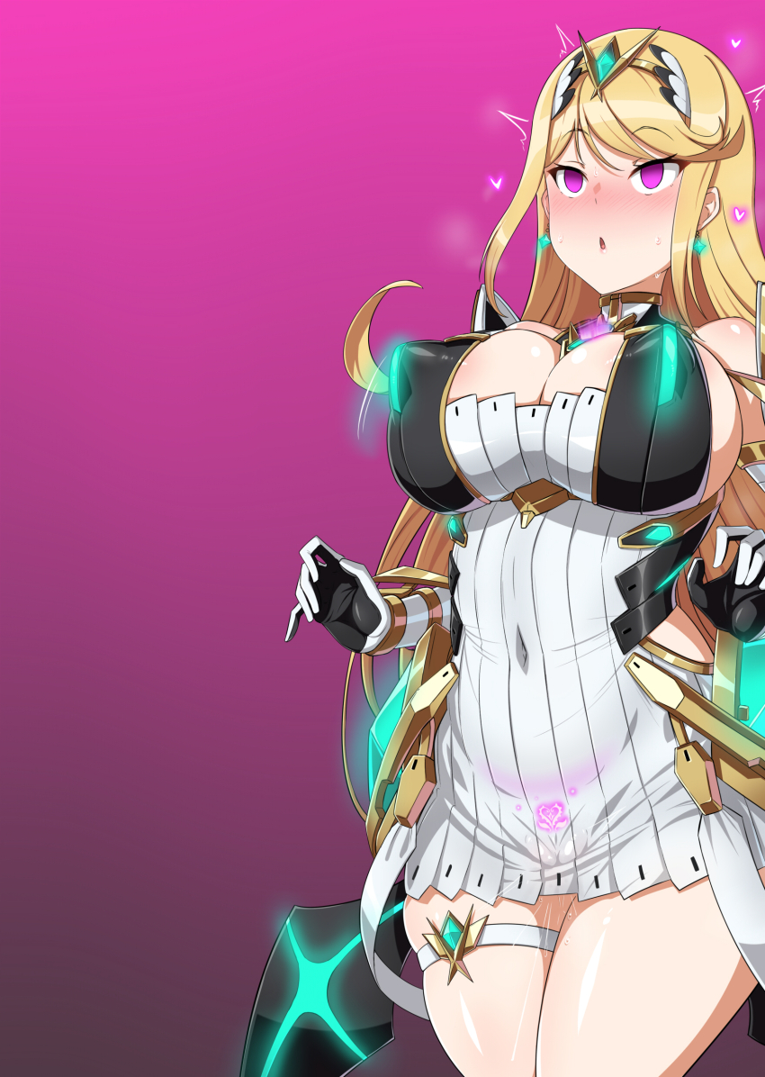 1girl absurdres blonde_hair blush breasts cameltoe chest_jewel cleavage cleavage_cutout clothing_cutout commentary_request core_crystal_(xenoblade) corruption covered_erect_nipples covered_navel dress earrings empty_eyes glowing_tattoo gozaru heart heart_tattoo highres huge_breasts jewelry large_breasts long_hair mind_control mythra_(xenoblade) panties pink_background pubic_tattoo pubic_tattoo_through_clothing purple_eyes pussy pussy_juice simple_background skindentation solo symbol-shaped_pupils tattoo thigh_strap tiara translation_request underwear very_long_hair white_dress white_panties xenoblade_chronicles_(series) xenoblade_chronicles_2