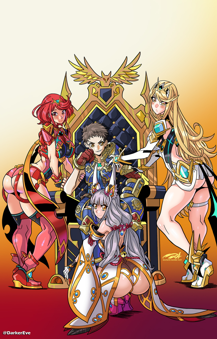 1boy 3girls animal_ears ass bare_shoulders blonde_hair blunt_bangs blush bob_cut breasts brown_hair cat_ears chest_jewel core_crystal_(xenoblade) crotchless crotchless_pants darkereve dress dual_persona earrings elbow_gloves facial_mark fingerless_gloves floating_earring gem gloves grey_hair grin harem headpiece hetero highleg highleg_leotard highres husband_and_wives impossible_clothes jewelry large_breasts leotard long_hair looking_at_viewer low_twintails matching_hair/eyes microdress multiple_girls mythra_(xenoblade) nia_(xenoblade) pants pantyhose pimp pyra_(xenoblade) red_eyes red_hair red_shorts rex_(xenoblade) short_hair shorts sitting_on_throne small_breasts smile swept_bangs thighhighs thighhighs_over_pantyhose throne tiara twintails very_long_hair white_gloves xenoblade_chronicles_(series) xenoblade_chronicles_2 yellow_eyes