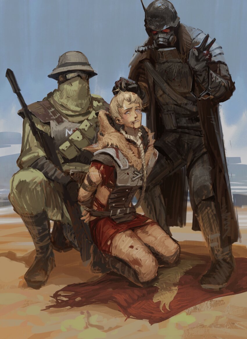 3boys absurdres armor blonde_hair blood blood_on_face blood_on_hands boots bound bound_wrists caesar&#039;s_legion celestial_fang courier_(fallout:_new_vegas) duster fallout:_new_vegas fallout gas_mask goggles grabbing_another&#039;s_hair gun helmet highres kneeling looking_at_viewer looking_down mask mouth_mask multiple_boys ncr_veteran_ranger new_california_republic noose on_one_knee pelt rifle sand v weapon