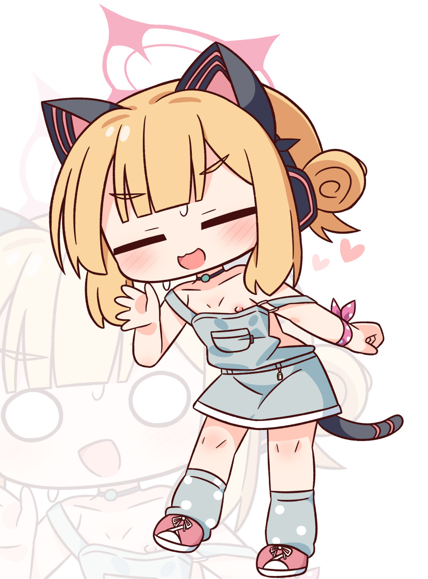 1girl :d animal_ear_headphones animal_ears bare_shoulders blonde_hair blue_archive blush breasts chibi closed_eyes collarbone facing_viewer fake_animal_ears grey_socks hair_bun halo hana_kazari hand_up headphones heart highres loli momoi_(blue_archive) multiple_views nipples o_o open_mouth overall_skirt pink_shoes polka_dot_socks shoes simple_background single_side_bun small_breasts smile socks strap_slip sweat tail white_background zoom_layer