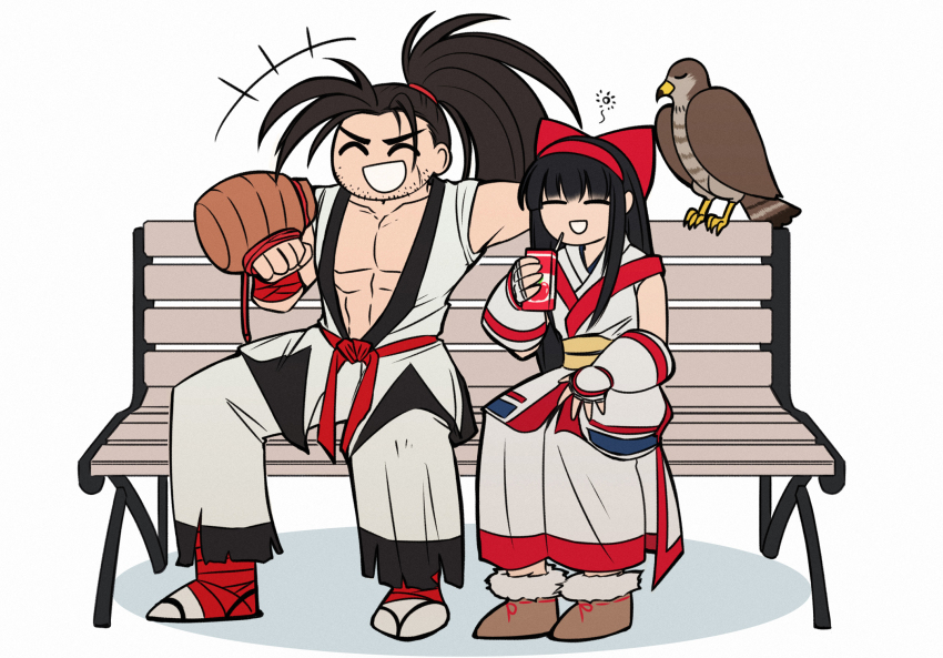 1boy 1girl ainu_clothes apple_juice bench black_hair boots bottle closed_eyes drinking fingerless_gloves gloves hair_ribbon hand_on_leg hand_on_own_leg hand_on_own_thigh haoumaru happy highres japanese_clothes juice legs long_hair mamahaha muscular muscular_male nakoruru open_mouth pants ponytail ribbon sake_bottle samurai_spirits sitting smile snk the_king_of_fighters the_king_of_fighters_xv thighs