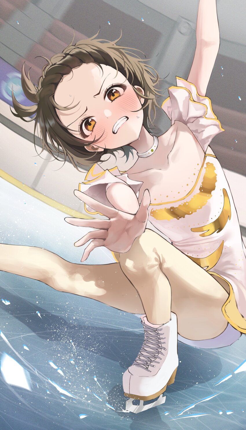 1girl absurdres blush braid braided_bangs brown_eyes brown_hair clenched_teeth felicia8 figure_skating figure_skating_dress highres ice_skates medalist_(manga) pantyhose short_hair skates skating_rink teeth yuitsuka_inori