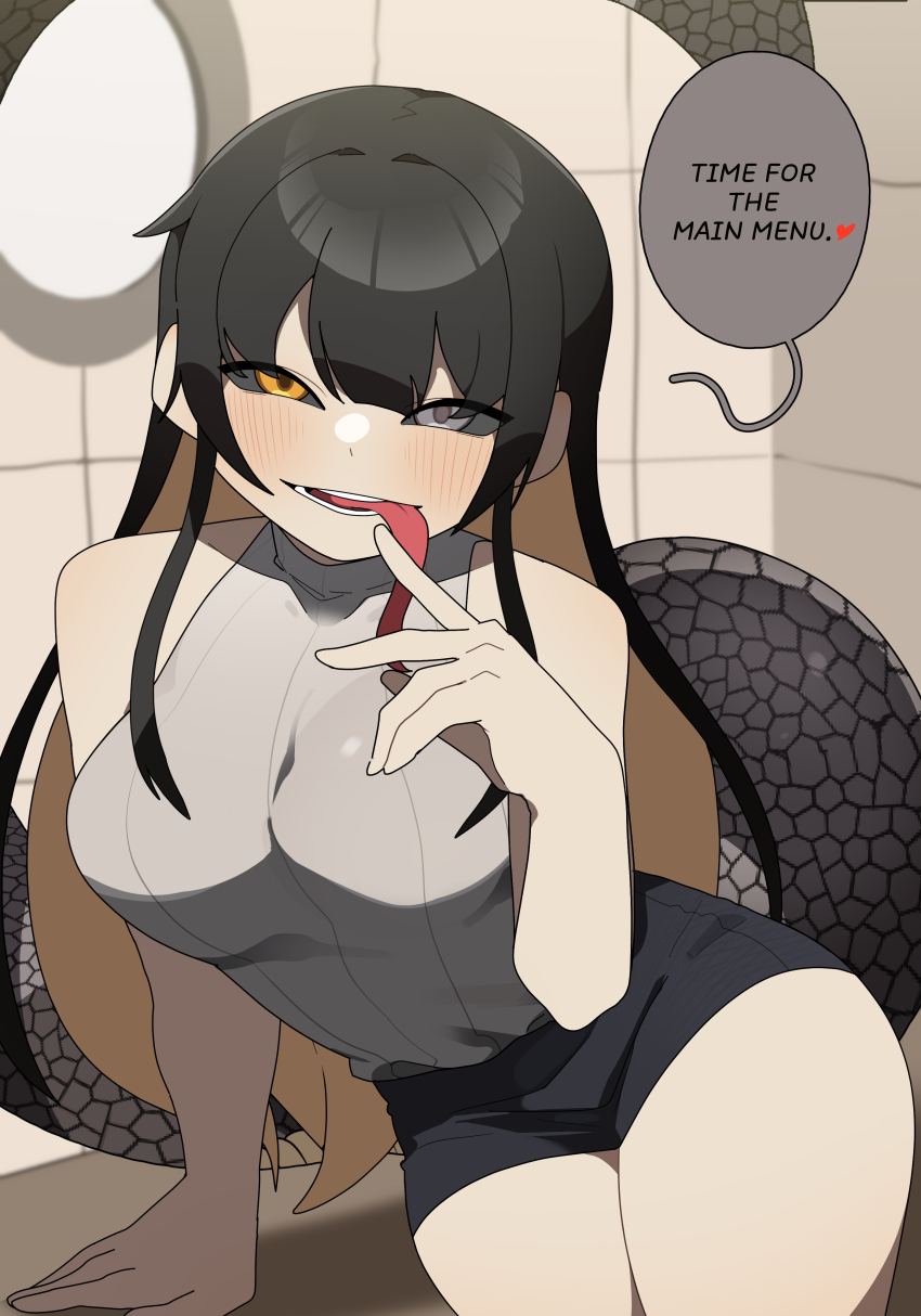 absurdres bare_legs bare_shoulders black_hair black_sclera black_skirt blonde_hair breasts colored_inner_hair colored_sclera colored_speech_bubble english_text gomulgong grey_eyes grey_hair heterochromia highres king_cobra_(gomulgong) long_hair long_tongue medium_breasts monster_girl multicolored_hair original pencil_skirt sidelocks skirt sleeveless sleeveless_turtleneck snake_girl snake_tail speech_bubble tail tongue turtleneck yellow_eyes