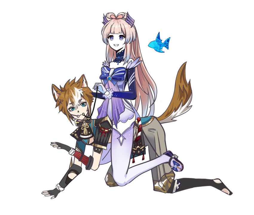 1girl all_fours bdsm femdom gag gagged genshin_impact gorou_(genshin_impact) highres looking_at_viewer pony_play riding sangonomiya_kokomi sitting sitting_on_person vladyslav
