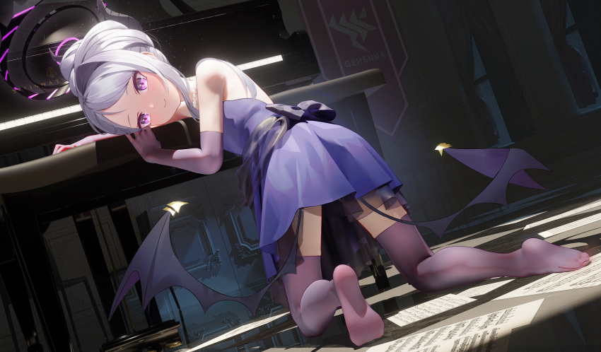 1girl absurdres black_horns black_wings blue_archive blush closed_mouth demon_horns demon_wings dress elbow_gloves floor gloves grand_piano grey_hair halo highres hina_(blue_archive) hina_(dress)_(blue_archive) horns instrument kneeling long_hair mr_ito official_alternate_costume official_alternate_hairstyle piano purple_dress purple_eyes purple_gloves purple_thighhighs solo strapless strapless_dress thighhighs wings
