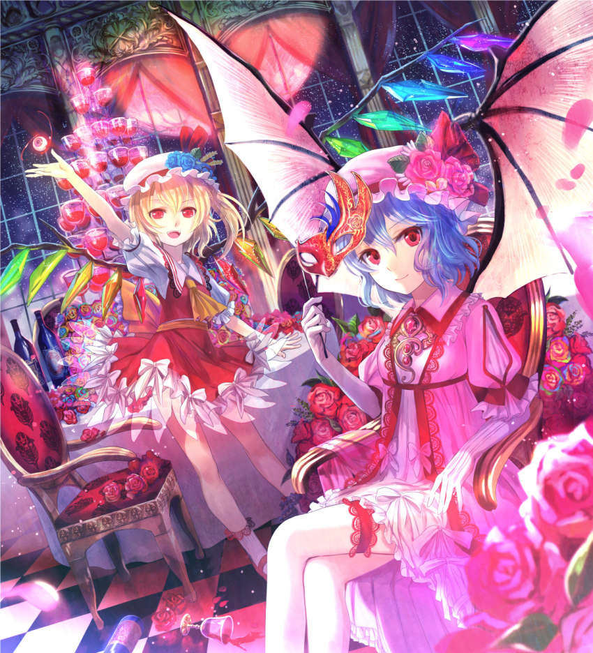 2girls arm_up ascot bare_legs bat_wings blonde_hair blue_flower blue_hair blue_rose bottle brooch chair checkered_floor crossed_legs cup dress dutch_angle elbow_gloves embellished_costume female_focus flandre_scarlet floor flower frilled_legwear frilled_thigh_strap full_moon fuzichoco gloves hat hat_flower highres jewelry looking_at_viewer mary_janes mask md5_mismatch moon multicolored_flower multicolored_rose multiple_girls night night_sky petals pink_flower pink_rose red_eyes red_moon remilia_scarlet resolution_mismatch rose shoes short_hair siblings side_ponytail sisters sitting sky smile source_smaller spill star_(sky) starry_sky table teacup thigh_strap thighhighs touhou waving white_gloves window wings