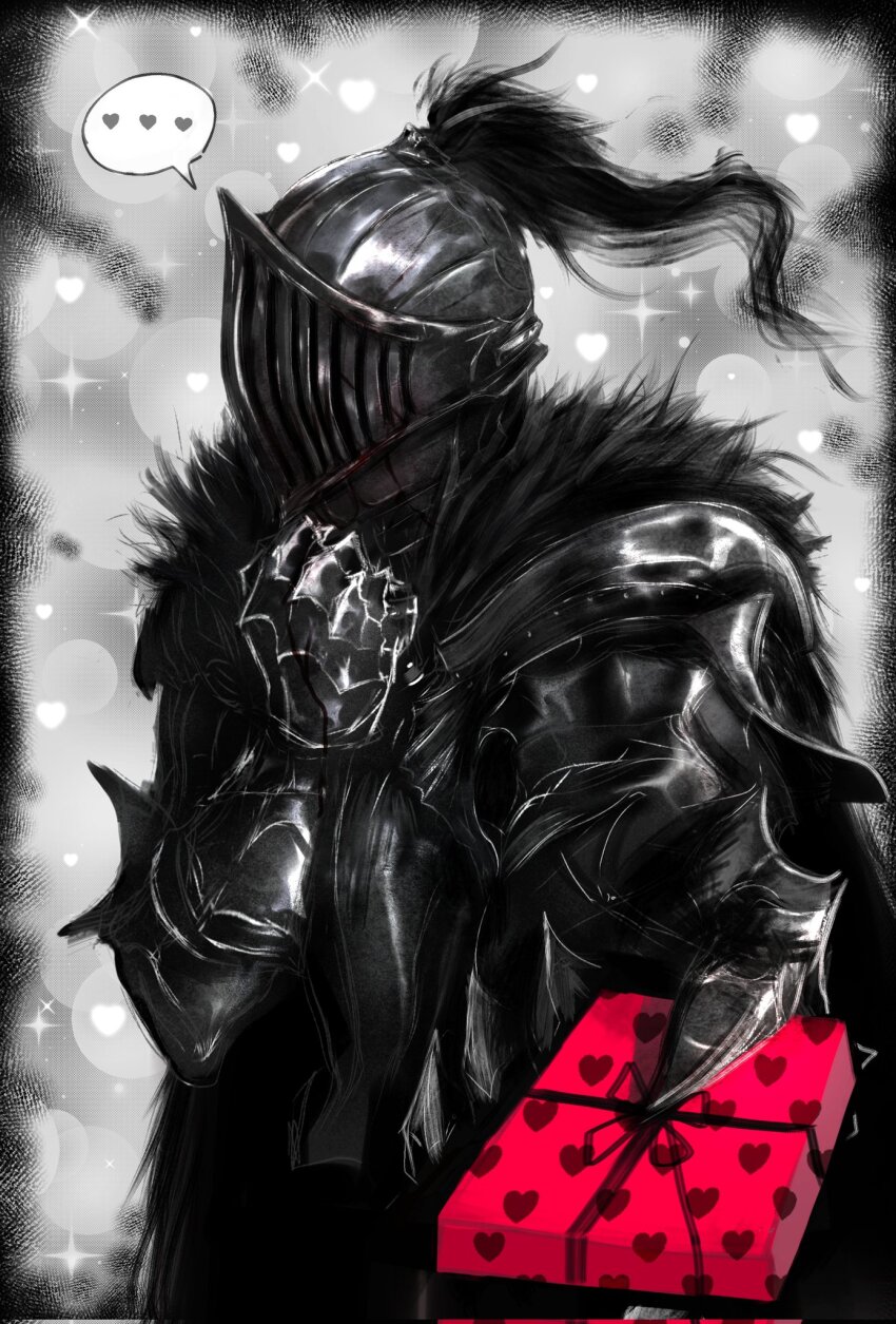 1boy armor ars_lycorys black_souls blood blood_drip blood_on_clothes blood_on_face box box_of_chocolates cape chocolate food full_armor fur_cape gift grimm_(black_souls) heart heart_pattern highres holding holding_chocolate holding_food holding_gift knight looking_away pov solo solo_focus valentine