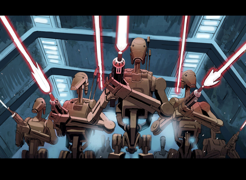 6+others amad_mir b1_battle_droid gun highres holding holding_gun holding_weapon laser multiple_others no_humans robot spacecraft_interior star_wars star_wars:_unlimited weapon