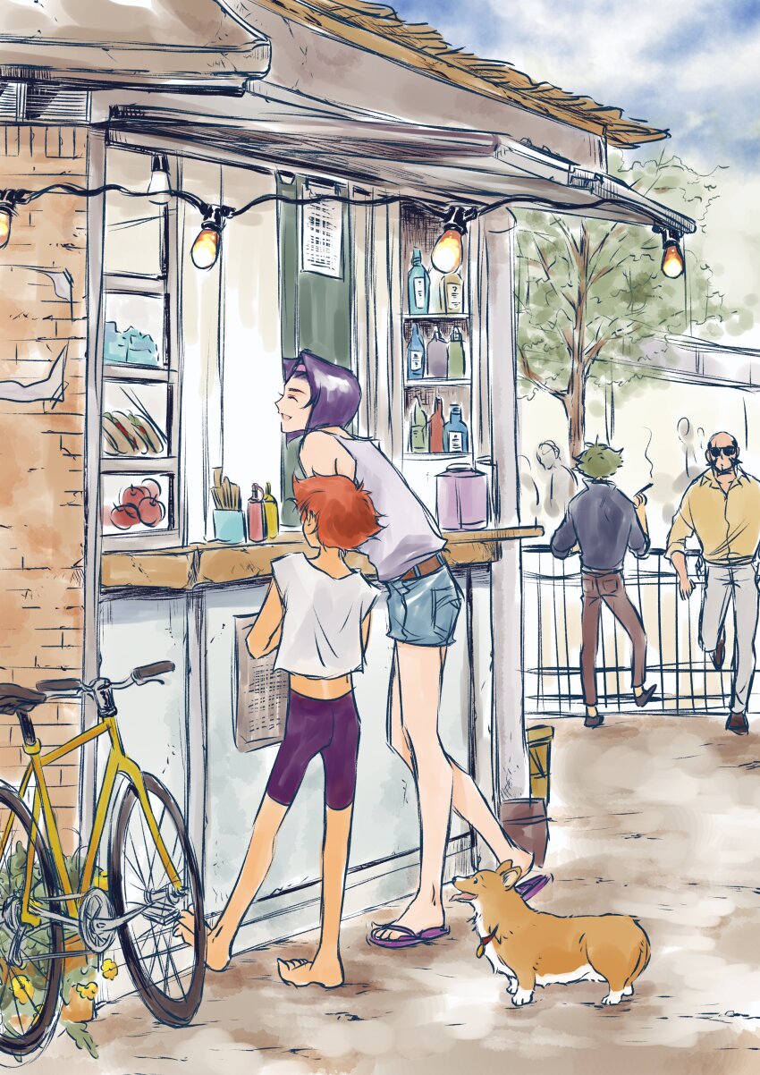 2girls absurdres bicycle cowboy_bebop crowd dark-skinned_female dark_skin dog edward_wong_hau_pepelu_tivrusky_iv ein_(cowboy_bebop) faye_valentine food headband highres jet_black multiple_girls orange_hair outdoors purple_hair shopping short_hair spike_spiegel tobalin