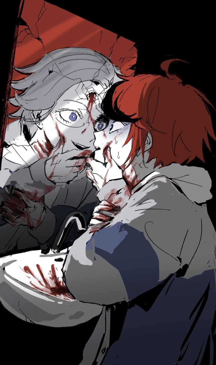 1kodo 2boys ahoge aotsuki_eito black_background black_streaks blood blood_on_clothes blood_on_hands blood_on_neck bloody_handprints blue_eyes broken_mirror different_reflection evil_grin evil_smile faucet glasses grey_hair grey_jacket grin hand_on_own_arm hand_on_own_chin handprint highres hood hoodie jacket looking_at_another looking_at_mirror male_focus mirror multicolored_hair multicolored_jacket multiple_boys nervous_sweating red_hair reflection short_hair sink smeared_blood smile spoilers streaked_hair sumino_takumi sweat sweatdrop teeth the_hundred_line_-last_defense_academy- two-tone_jacket upper_teeth_only white_hoodie