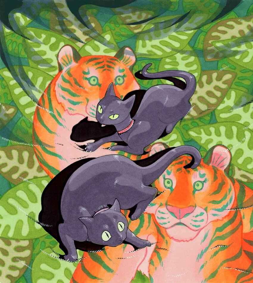 2others animal_focus animal_print bed_sheet black_cat black_fur cat collar ears_back ears_up fleebites green_eyes highres leaf_print looking_at_viewer looking_up multiple_cats multiple_others no_humans on_bed original purple_collar red_collar tiger_print