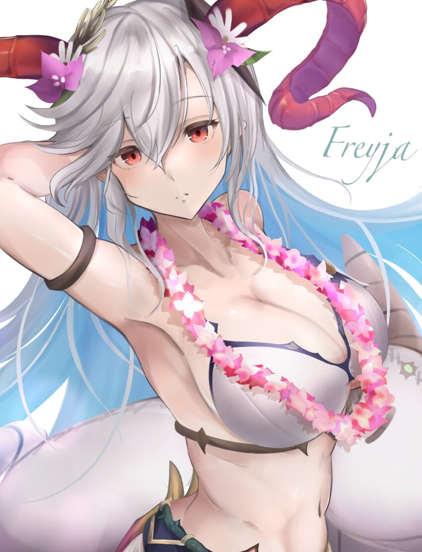 1girl armlet armpits bikini blue_hair breasts character_name cleavage colored_inner_hair commentary_request curled_horns fire_emblem fire_emblem_heroes flower flower_necklace freyja_(fire_emblem) freyja_(summer)_(fire_emblem) goat_horns highres horns jewelry large_breasts looking_at_viewer multicolored_hair navel necklace nenemu0 nintendo official_alternate_costume red_eyes red_horns simple_background solo stomach swimsuit two-tone_hair white_background white_bikini