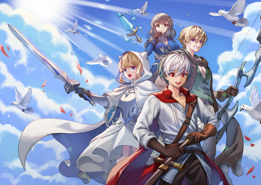 2boys 2girls arrow_(projectile) bag belt bird blonde_hair blue_eyes bow_(weapon) breasts brown_dust_(series) brown_dust_2 brown_eyes brown_hair cape chest_armor cloud cloudy_sky dagger feet_out_of_frame floating floating_object floating_weapon frilled_skirt frills gloves gray_(brown_dust) hand_on_own_face hc_(razel1) highres holding holding_bow_(weapon) holding_sword holding_weapon juliet_sleeves justia_(brown_dust) knife lathel_(brown_dust) long_sleeves looking_at_viewer looking_to_the_side multicolored_hair multiple_boys multiple_girls open_clothes open_shirt puffy_sleeves purple_eyes quiver red_eyes scheherazade_(brown_dust) scheherazade_(the_lapis_witch)_(brown_dust) short_hair shoulder_bag skirt sky small_breasts small_horns smile sun sunlight sweater sword teeth turtleneck turtleneck_sweater two-tone_hair upper_teeth_only vambraces weapon