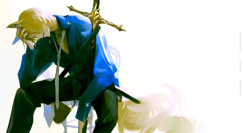 1boy absurdres animal_ears arknights black_pants blonde_hair blue_shirt hand_on_own_head highres horse_boy horse_ears horse_tail kou_zhua leaning_forward long_sleeves male_focus mlynar_(arknights) pants parted_lips polearm shirt sitting solo tail weapon white_background