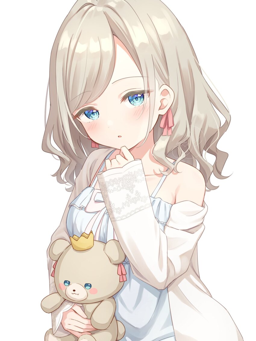 1girl alt_text animalization blue_eyes blush blush_stickers breasts ceras_yanagida_lilienfeld ceras_yanagida_lilienfeld_(summer_loungewear) commentary_request crown german_commentary grey_hair hair_ribbon hanazora_satsuki highres jacket large_breasts link!_like!_love_live! long_sleeves looking_at_viewer love_live! mixed-language_commentary nightgown official_alternate_costume open_clothes open_jacket parted_lips pink_ribbon ribbon simple_background single_bare_shoulder single_off_shoulder sleeveless sleeves_past_wrists solo spaghetti_strap stuffed_animal stuffed_toy teddy_bear virtual_youtuber white_background white_jacket white_nightgown