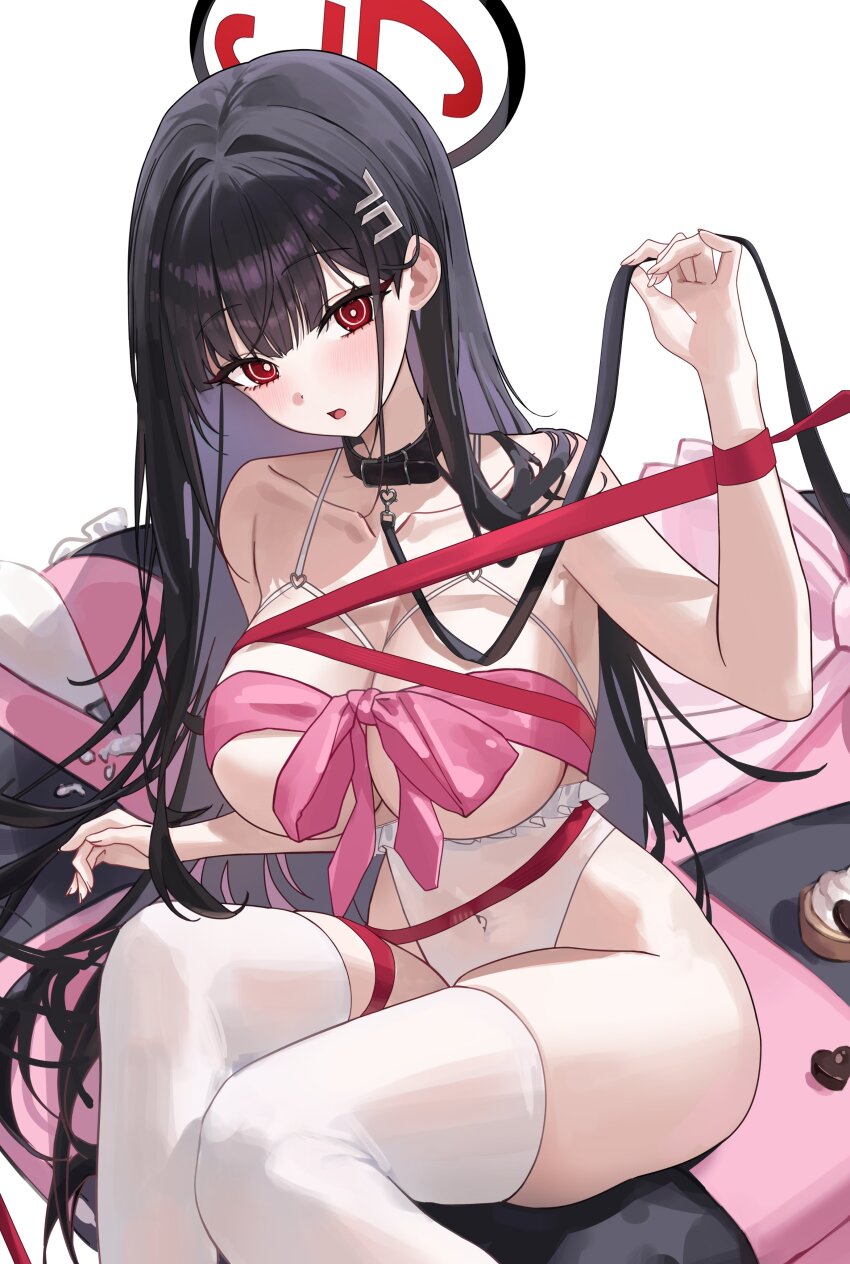 1girl absurdres black_hair black_halo blue_archive breast_ribbon breasts commentary_request covered_navel halo hido88 highres holding_own_leash large_breasts leotard long_hair open_mouth red_eyes rio_(blue_archive) simple_background sitting solo thighhighs very_long_hair white_background white_leotard white_thighhighs