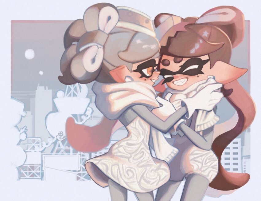 2girls adjusting_another&#039;s_clothes adjusting_scarf bow-shaped_hair brown_hair callie_(frostyfest)_(splatoon) callie_(splatoon) closed_eyes cousins cowboy_shot cross-shaped_pupils dress earrings gloves grey_hair grin highres inkling jewelry jumpsuit ka1_(k4k37) long_hair long_pointy_ears looking_at_another marie_(frostyfest)_(splatoon) marie_(splatoon) mole mole_under_eye multiple_girls nintendo official_alternate_costume orange_eyes pointy_ears scarf short_hair short_jumpsuit smile splatoon_(series) splatoon_3 strapless strapless_dress swept_bangs symbol-shaped_pupils tentacle_hair thick_eyebrows twintails white_dress white_gloves white_jumpsuit white_scarf